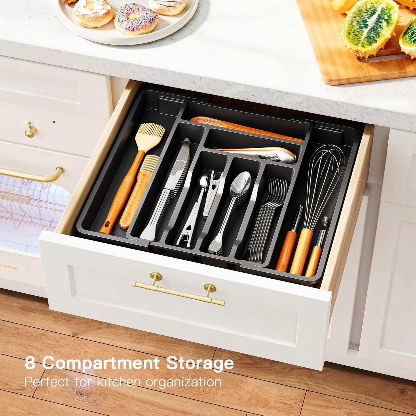 Pipishell Expandable Silverware Drawer Organizer BPA-Free Black 8 Compartments